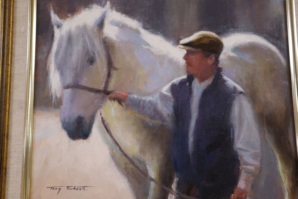 Tony Sheath, pair of oils on board, Figures with horses, 24 x 29cm